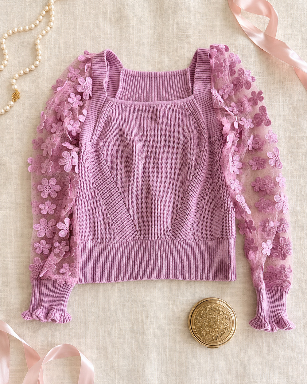 Industry Republic Pink 3D Floral Sheer Sleeve Sweater XS Coquette Romantic